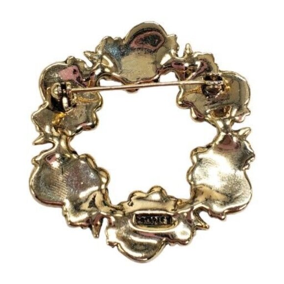 Vintage Monet Green Wreath Brooch Rhinestone  Enamel Paisley Circle Gold Tone - Picture 7 of 9